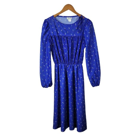 Vintage Shirt Dress size 8/10 midi long Navy Blue Alt Secretary Rainbow Floral - Picture 2 of 6